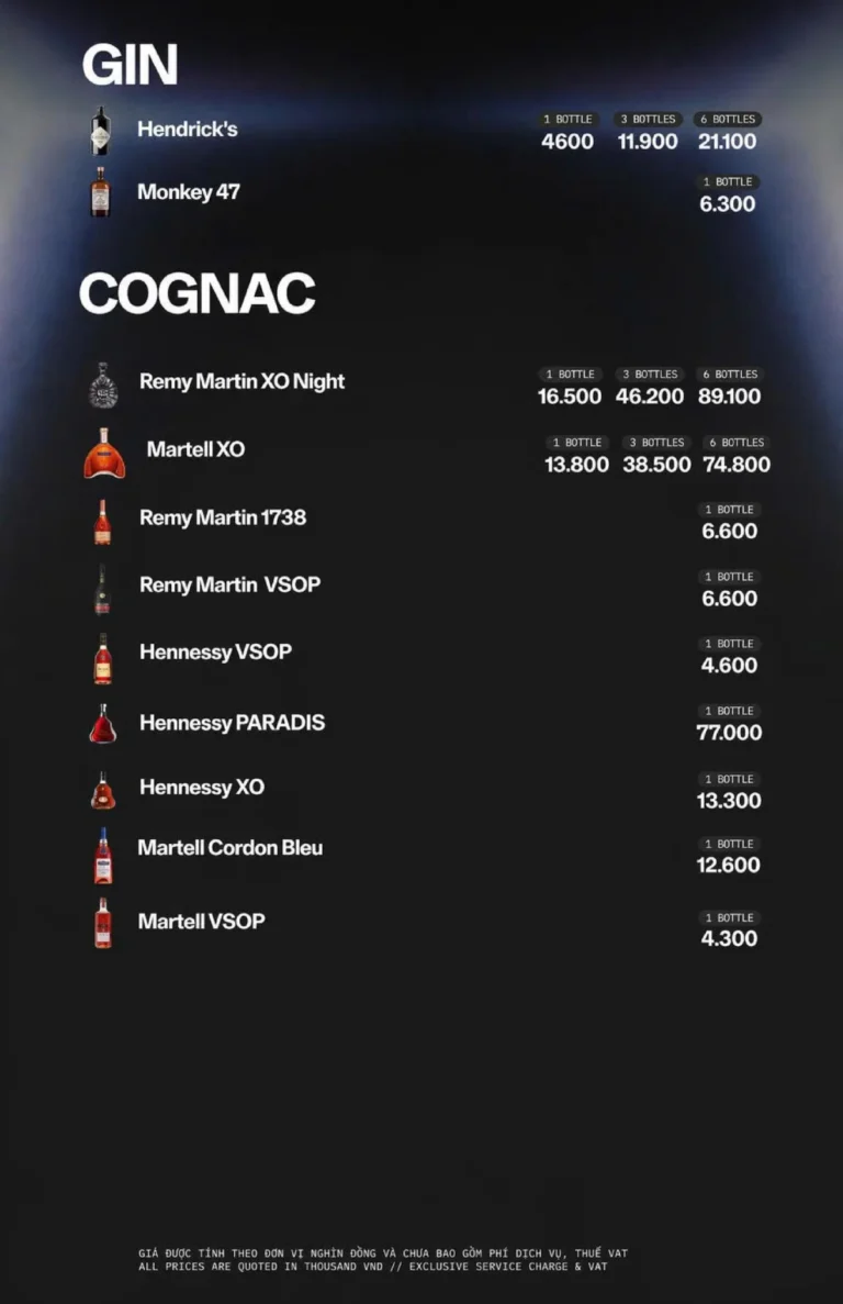 Menu APLUS SAIGON – Gin và cognac
